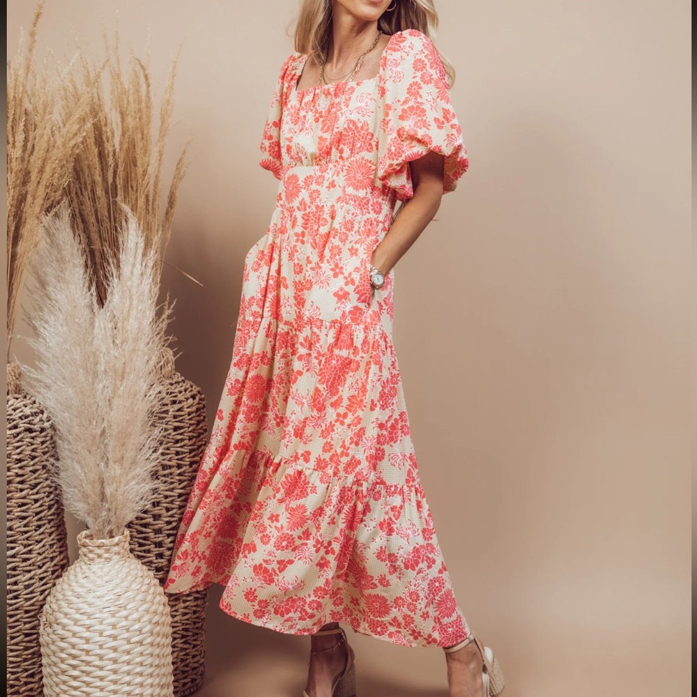 SHOP STEVIE Kamari Floral Puff Sleeve Dress in Coral/Tan, Size Large
